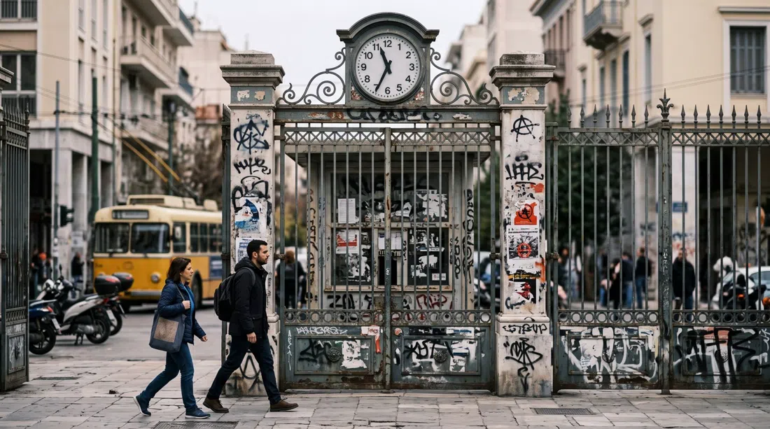 portene til Athens Polytekniske Universitet i Exarcheia, med lag på lag af graffiti og politiske plakater, der markerer stedet for 1973-opstanden i fladt eftermiddagslys