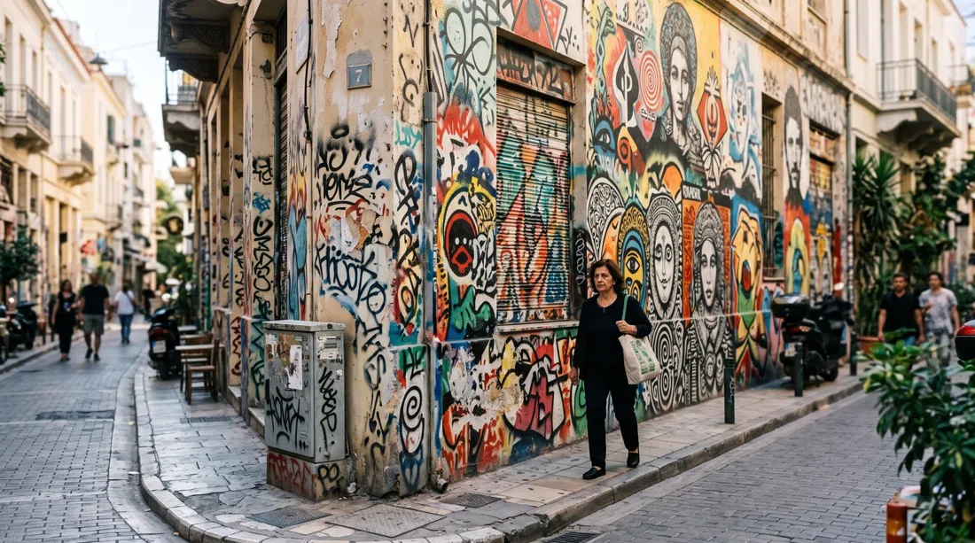 et mural-dækket hjørne på Themistokleous-gaden i Exarcheia, lag på lag af graffiti og politisk kunst på en smal solbeskinnet facade