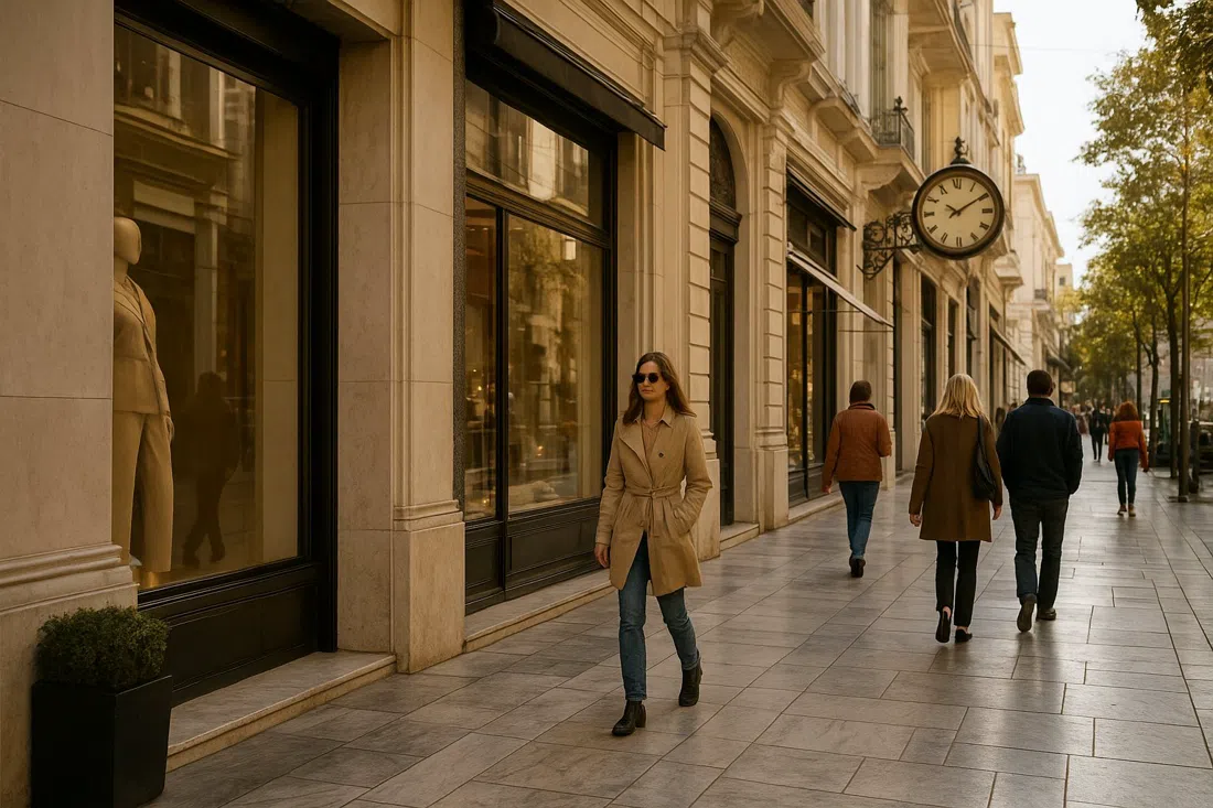 Voukourestiou Street i Kolonaki med luksusbutiksfacader, polerede fortove og elegant fodtrafik i det sene eftermiddagslys i Athen