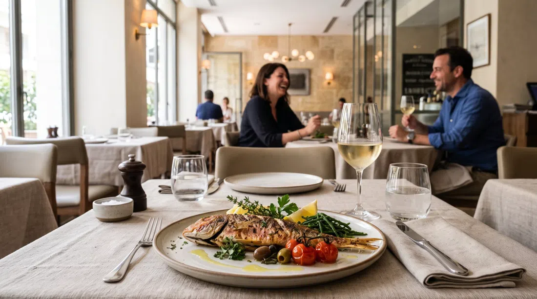 en tallerken med sæsonbestemt fisk og skaldyr på Iodio i Kolonaki, fint arrangeret fisk med moderne anretning og en ren, elegant spisesalbaggrund