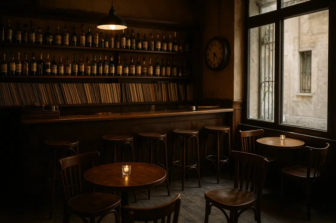 det svagt oplyste interiør i Jazz n Jazz på Deinokratous, vinylplader, whiskyflasker og intime borde i en vintage cocktailbar-atmosfære