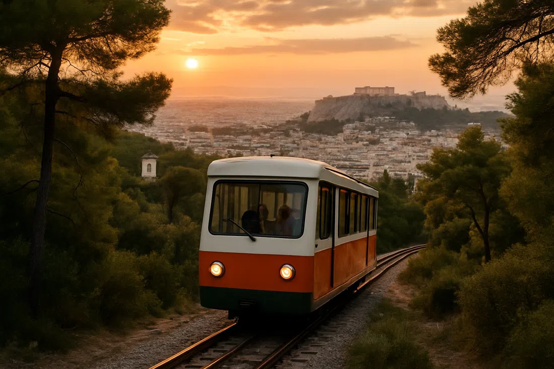 Lycabettus kabelbanen stiger op gennem fyrreskovklædt skråning ved solnedgang, Athen spreder sig nedenfor med Akropolis synlig i det fjerne
