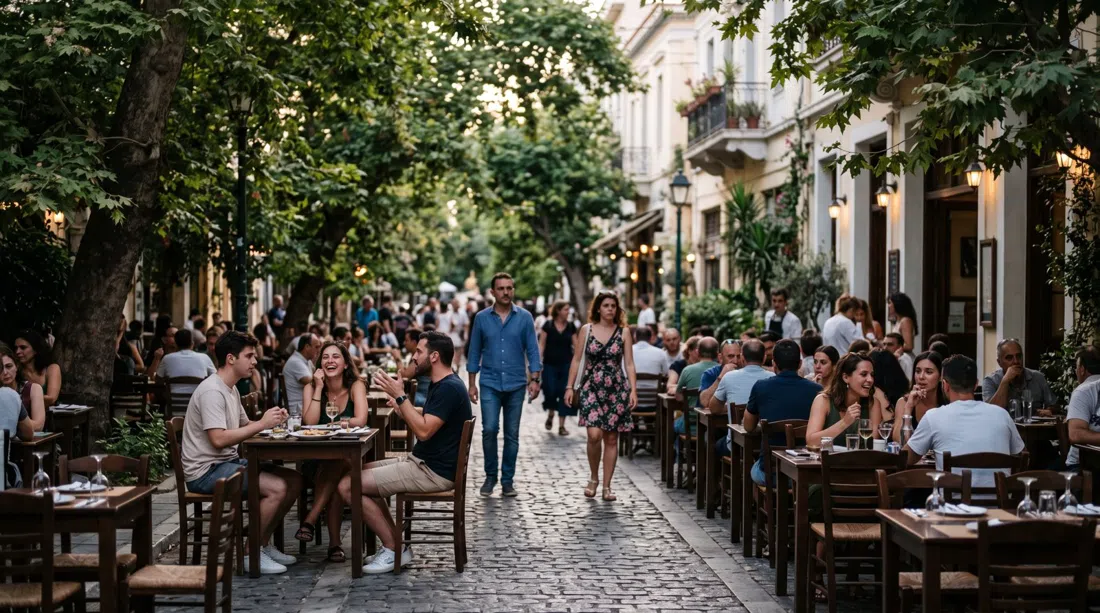 Georgaki Olympiou in Koukaki at early evening, plane trees arching over café tables and pedestrians on the pedestrianised street