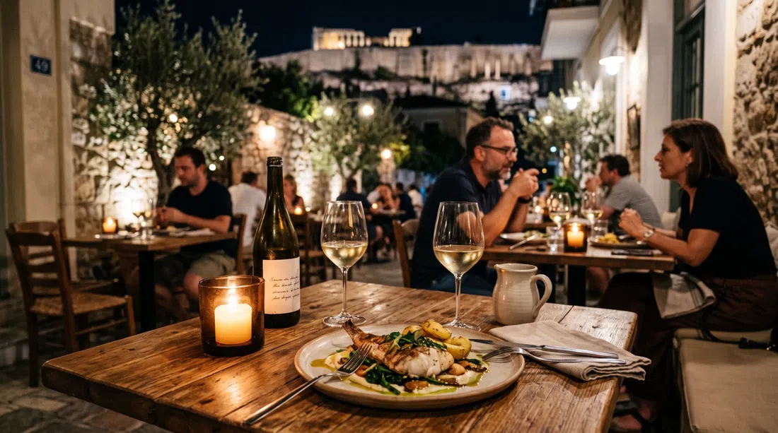 a candlelit table at Gallina on Markou Botsari 49, with a plated monkfish dish and glasses from the extensive wine list
