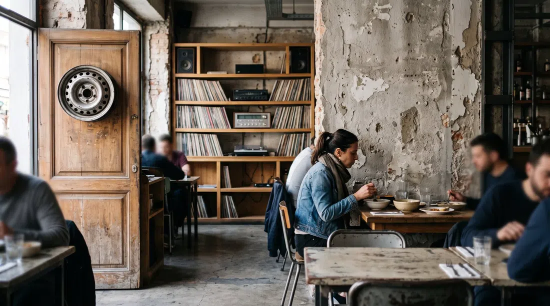 the industrial dining room at Voulkanizater, raw walls, a wheel rim on the door and vinyl records setting the hi-fi mood