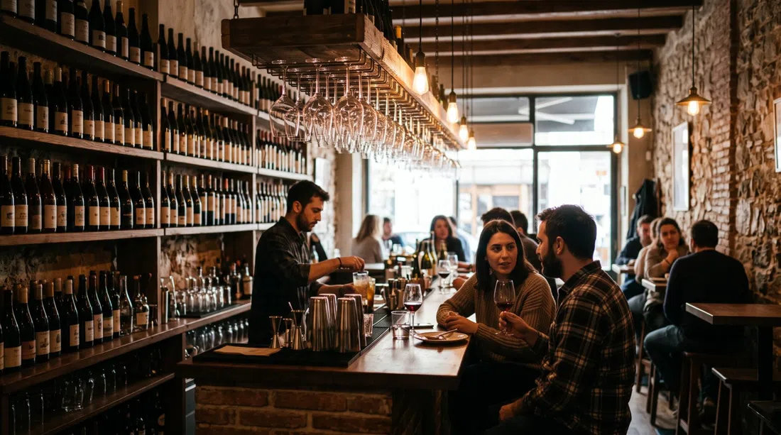 the warm, dim interior of Materia Prima on Falirou 68, with rows of bottles and glasses hanging overhead