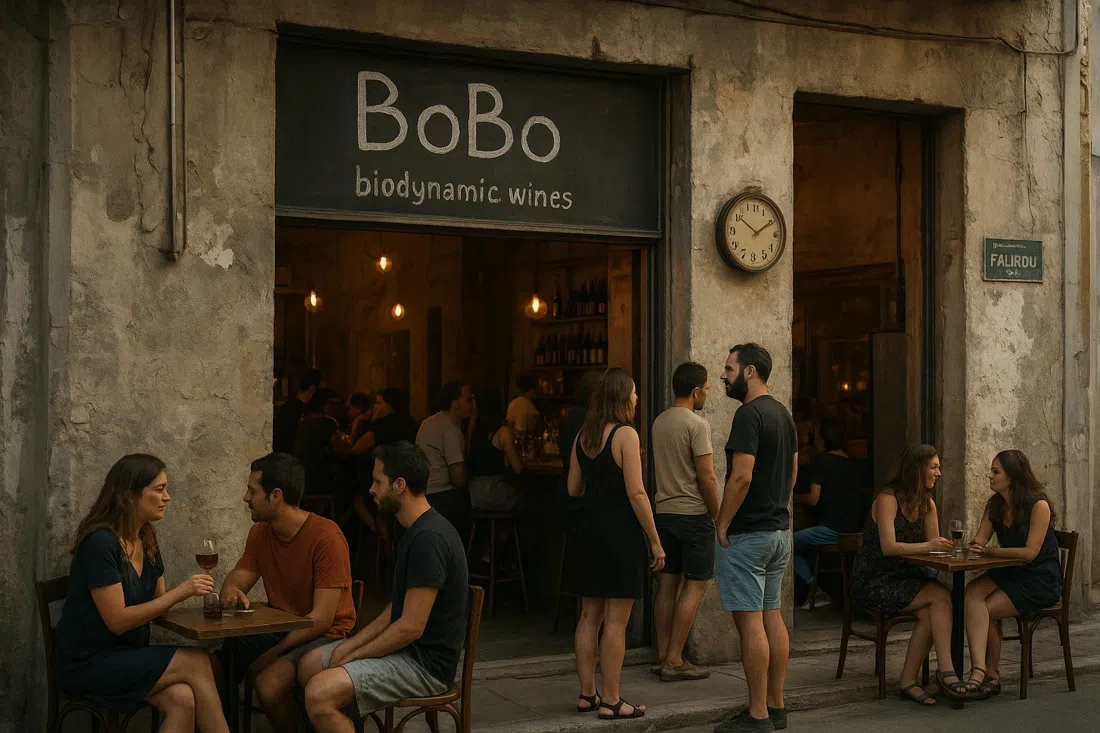 BoBo on Falirou in a converted garage, with chalked biodynamic wines, raw surfaces and a casual evening crowd