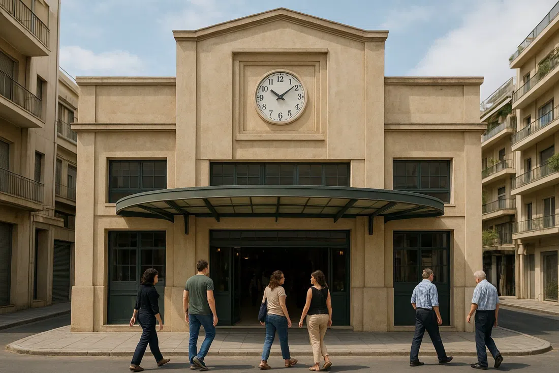 the restored 1935 Kypseli Municipal Market at 42 Fokionos Negri, modernist facade in daylight with pedestrians entering beneath the canopy