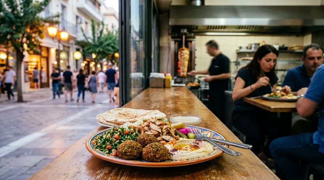 a plate of Syrian falafel and shawarma at Tastes of Damascus on 19 Fokionos Negri, casual counter service with warm street light outside