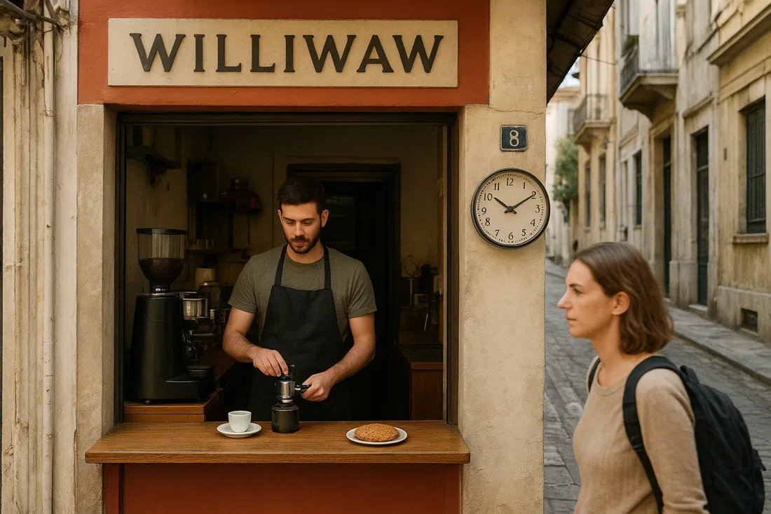 the tiny Williwaw coffee shop on Kerkyras, compact counter, specialty espresso setup and a soft-baked oatmeal cookie on the bar