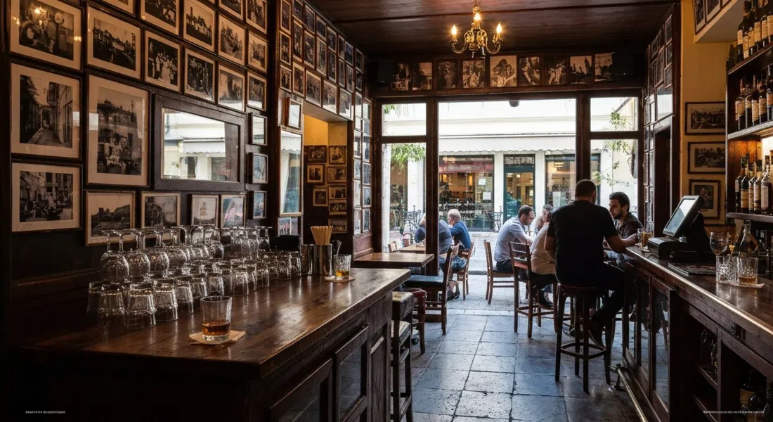 the dim, photograph-covered interior of Au Revoir on Patission Avenue, whiskey glasses on the bar and low evening light