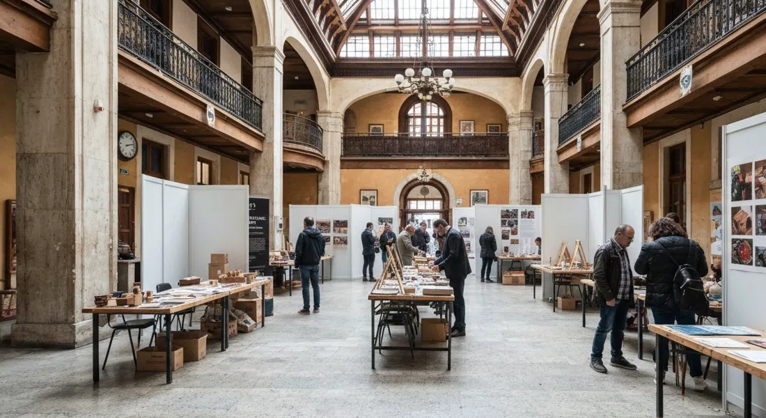 the interior of the Kypseli Municipal Market, restored modernist hall with workshop tables, exhibition panels and people browsing