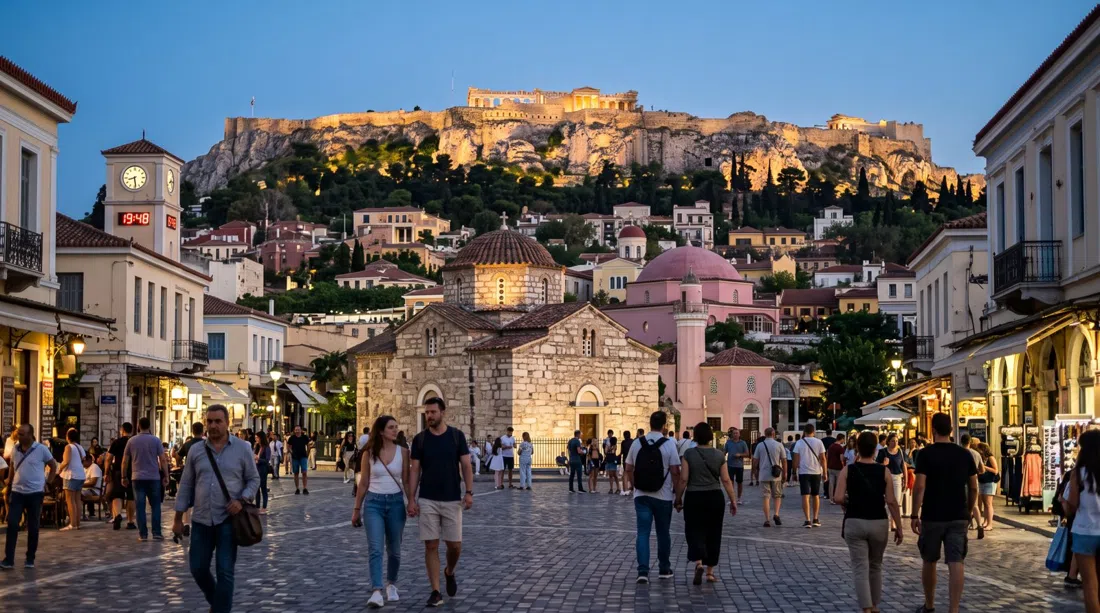 Monastiraki Square at dusk with Pantanassa church, the pink-domed Tzistarakis Mosque and the Acropolis glowing above the rooftops