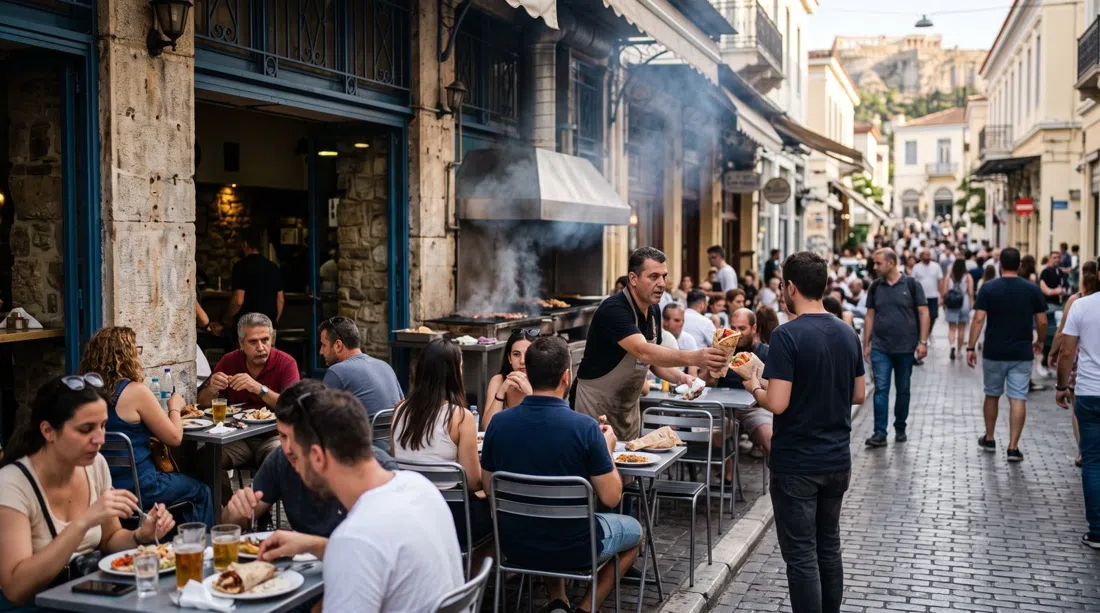 O Thanasis on Mitropoleos with crowded pavement tables, open grill smoke and wrapped kebabs being served to standing customers
