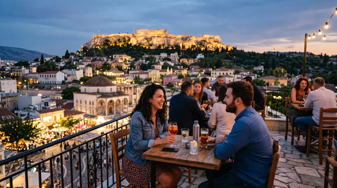 A for Athens rooftop terrace at sunset, the floodlit Acropolis centered beyond Monastiraki Square with drinks on small tables