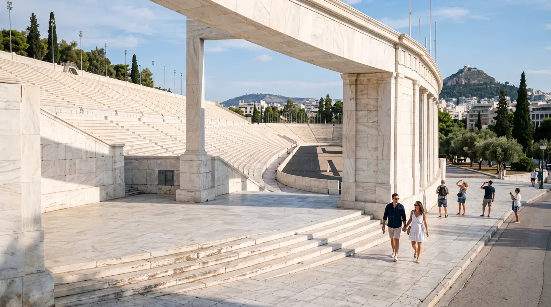 the marble exterior of the Panathenaic Stadium on Vasileos Konstantinou Avenue, bright afternoon light catching the white tiers and curved arena walls