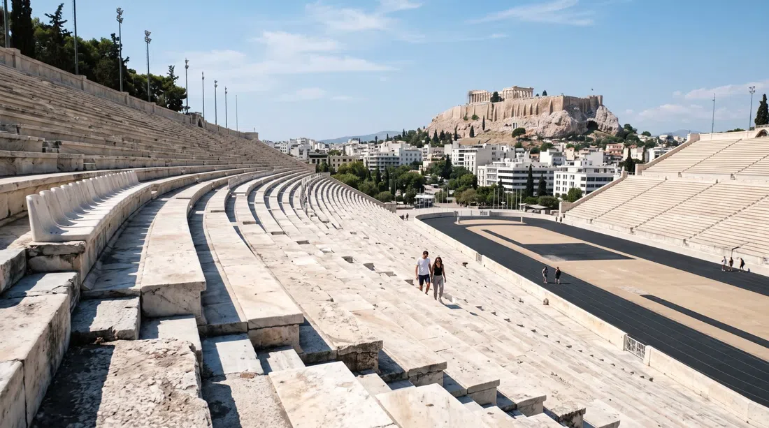 the top marble tier inside the Panathenaic Stadium, with the Acropolis framed in the distance and empty white seats curving around the track