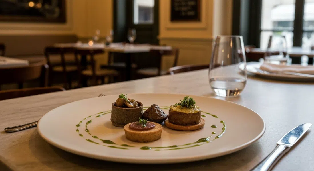 a refined tasting-menu plate at Soil inside a restored 1925 villa, contemporary fine dining set against warm historic interiors