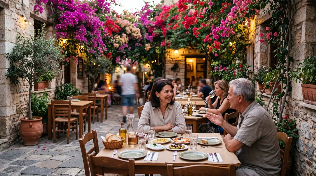 a bougainvillea-filled courtyard at Vyrinis in Mets, with simple taverna tables set for a mezze dinner in soft evening light