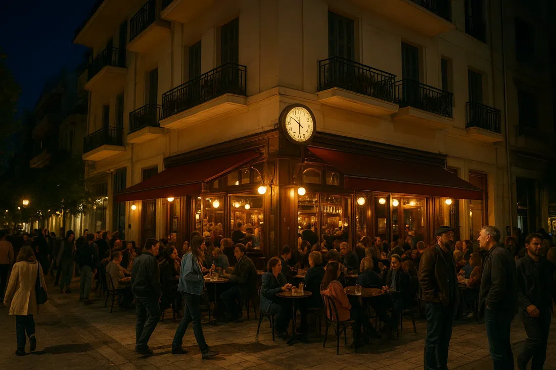 Chelsea Hotel on Plateia Plastira at night, with a pavement crowd spilling onto the square under warm bar lights