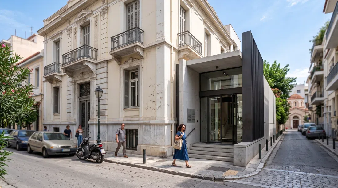 the Basil & Elise Goulandris Foundation on Eratosthenous Street, showing the 1920s mansion facade and the museum entrance in daylight