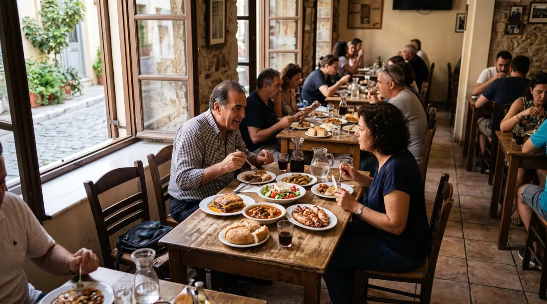 the dining room at Oikonomou in Ano Petralona, with simple tables, traditional taverna chairs and plates of cooked Greek food on a homely afternoon