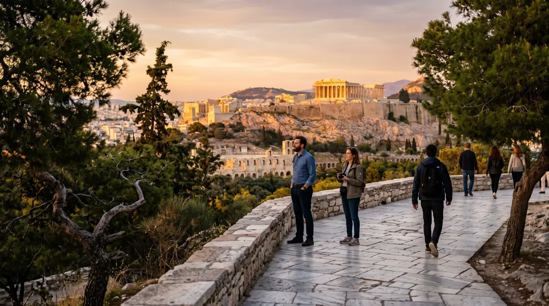 the marble viewing terrace on Filopappou Hill at sunset, with the Acropolis glowing gold in the distance and pine trees framing the foreground