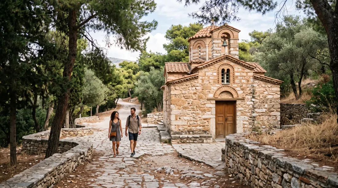 the Church of Agios Dimitrios Loumbardiaris along the Filopappou path, with stone paving, shade and the church’s modest façade in soft daylight