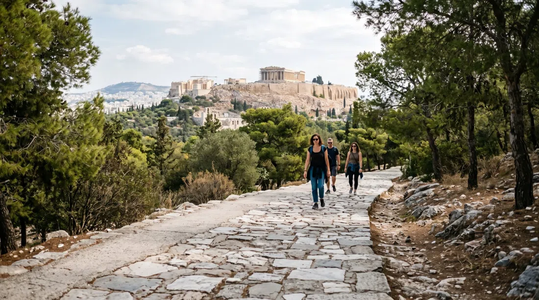 the hand-laid Pikionis Paths on Filopappou, with irregular stone and marble paving curving uphill through pines toward the Acropolis