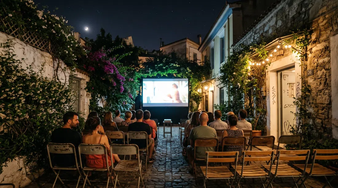 Cine Zefyros on Troon Street at night, with the open-air screen glowing, rows of seats and summer foliage under the stars
