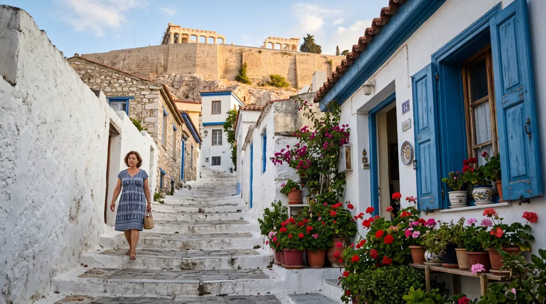the stepped whitewashed lanes of Anafiotika climbing under the Acropolis rock, blue shutters and geranium pots in late-afternoon light