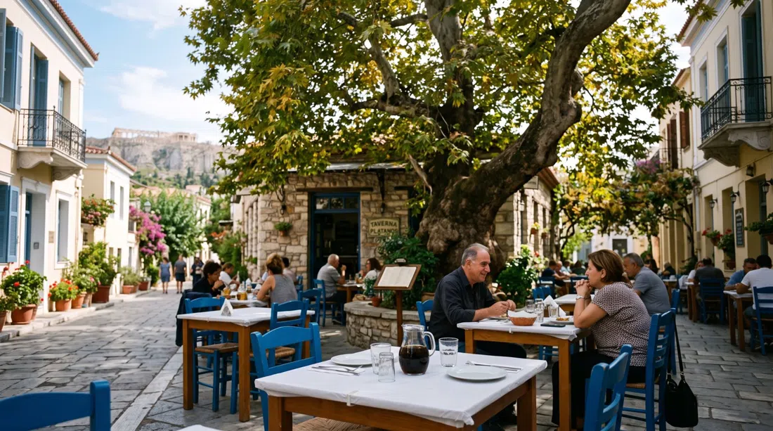 Taverna Platanos in its quiet square under a giant plane tree, simple tables set for lunch and a carafe of house retsina