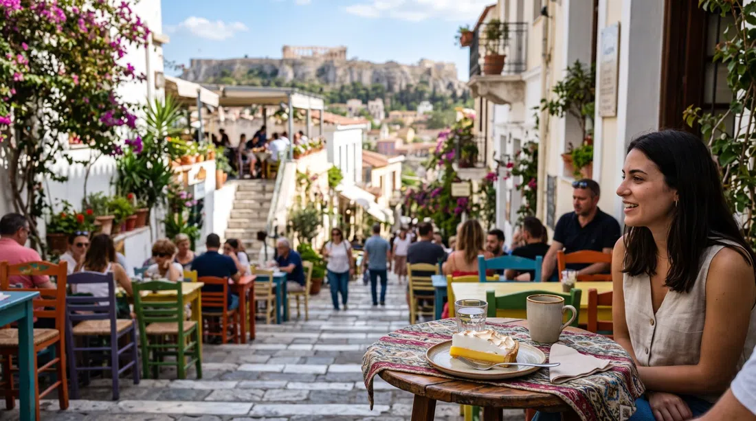 Yiasemi on the Mnisikleous steps with colourful tables, a slice of lemon pie and the rooftop terrace looking toward the upper lanes