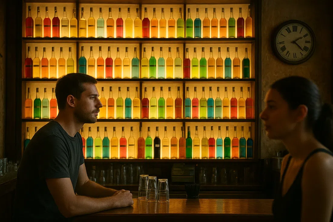 the glowing backlit bottle wall inside Brettos on Kydathineon 41, rows of coloured liqueurs and ouzo behind the bar at night