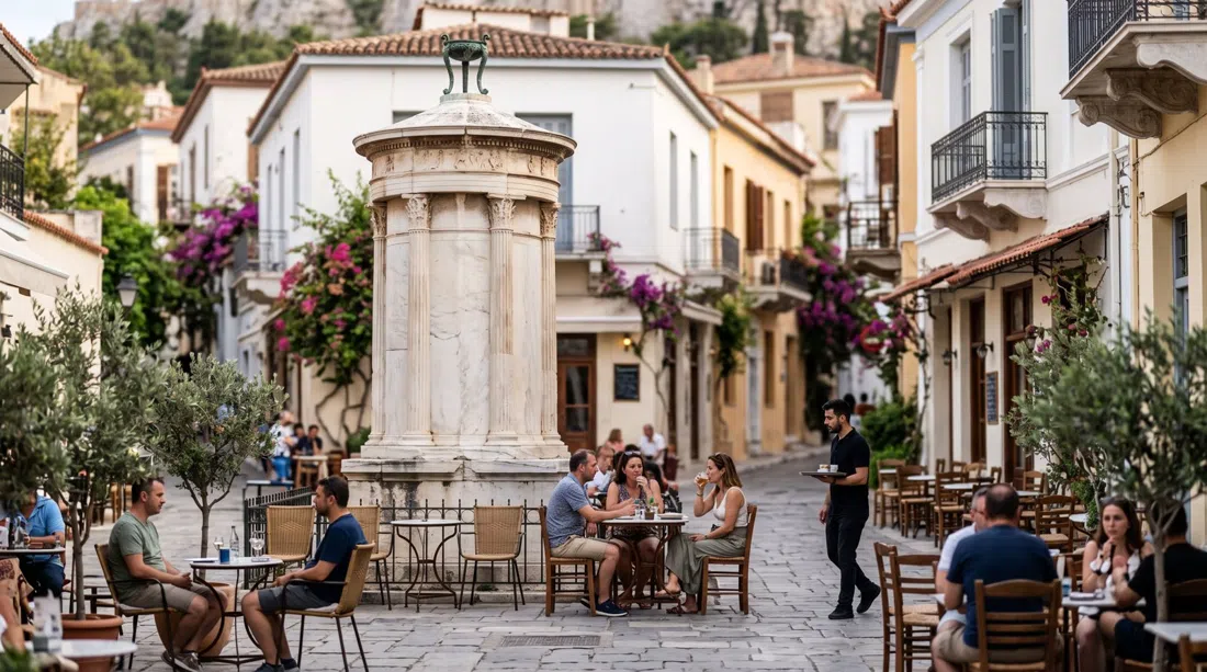 the Monument of Lysicrates standing in its small café square, slender classical column against surrounding Plaka lanes in soft daylight