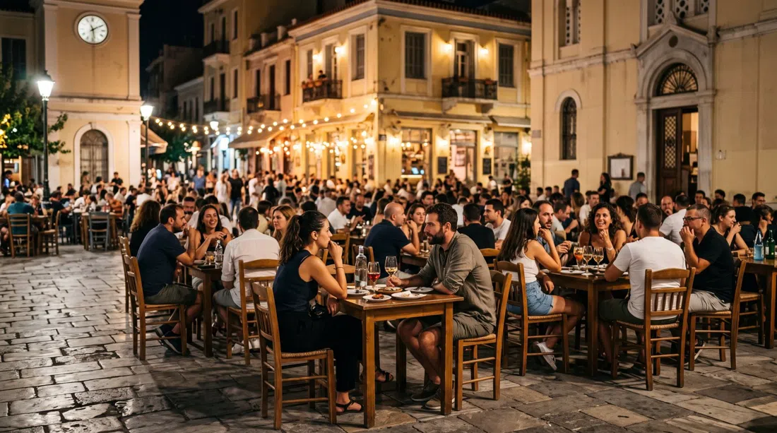 Plateia Iroon in Psirri at night, taverna tables and cocktail crowds spilling into the square under warm streetlights