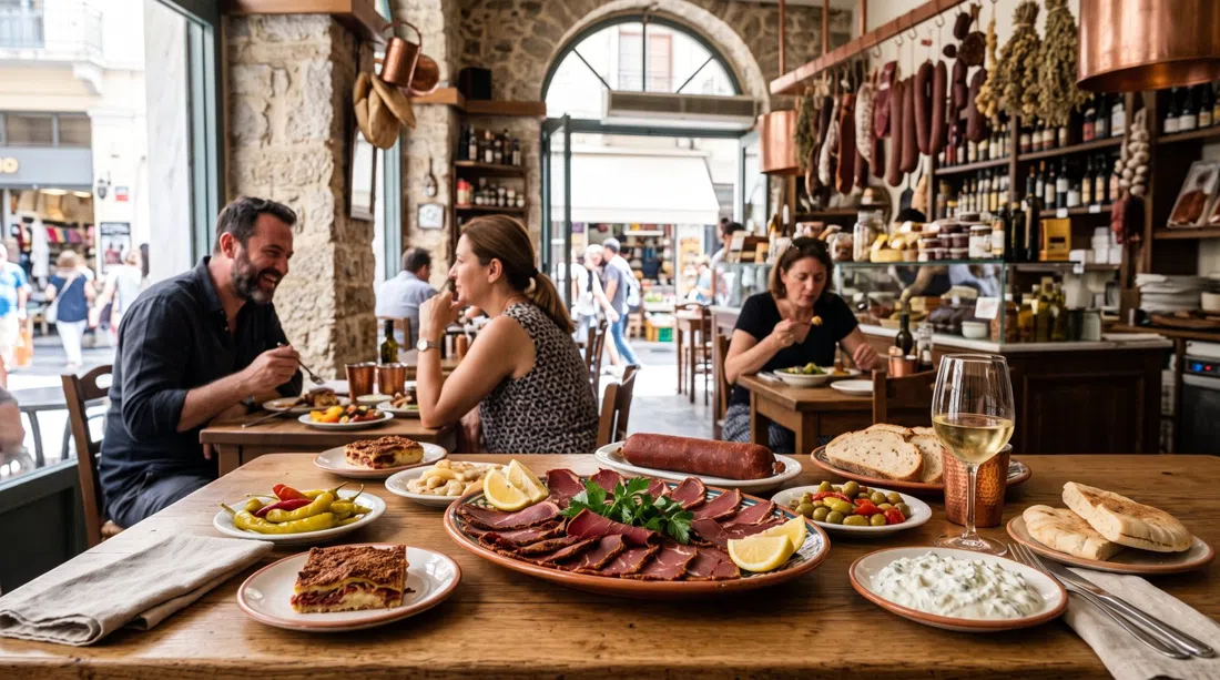 a platter of house-cured pastirma and small Anatolian-Greek plates at Ta Karamanlidika tou Fani on Evripidou