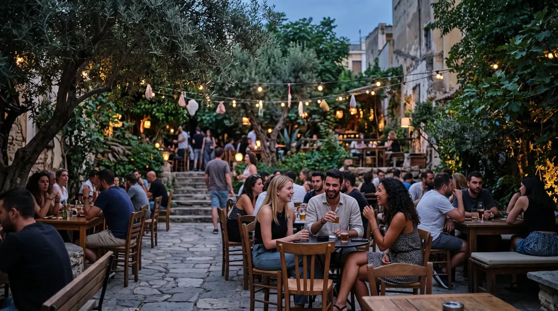 the hidden-garden setting at Six d.o.g.s on Avramiotou, with tables under trees and a nightlife crowd arriving at dusk