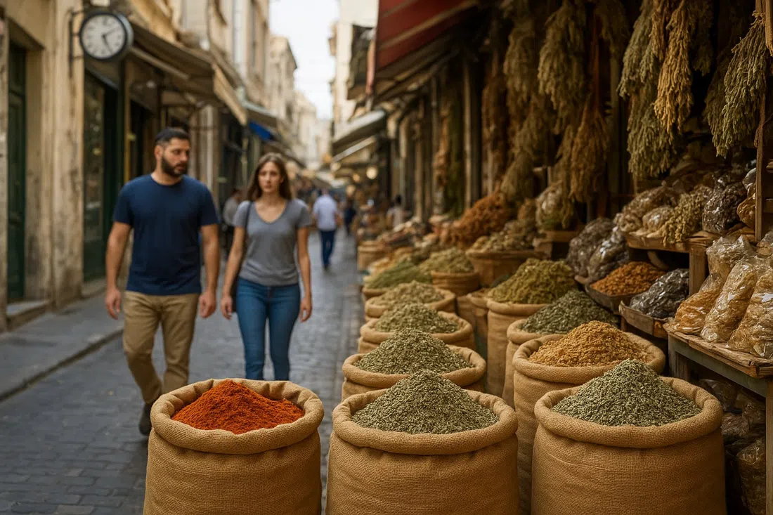 spice sacks and dried herbs spilling from shops on Evripidou Street, a working bazaar scene in daylight