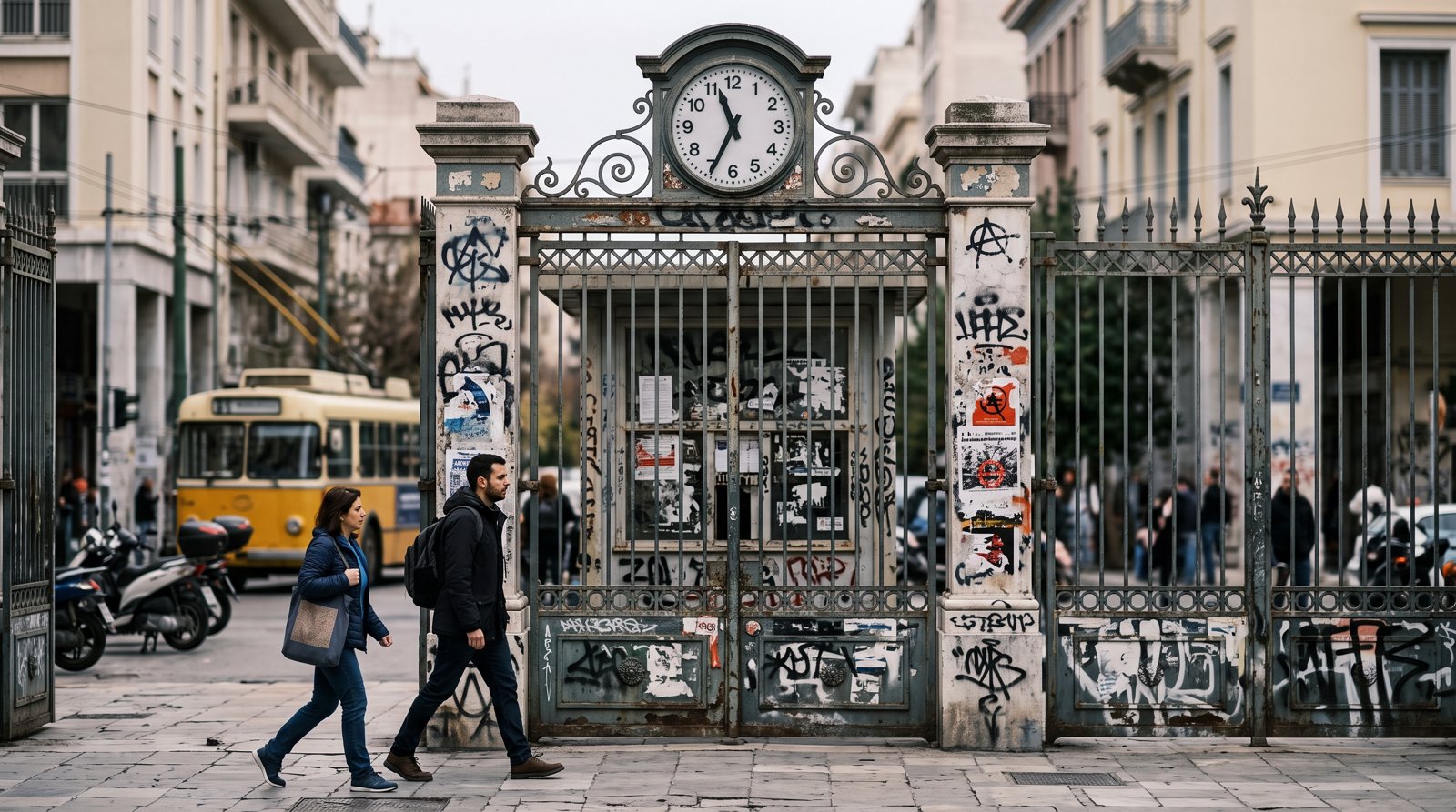 the gates of the Athens Polytechnic in Exarcheia, with layered graffiti and political posters marking the site of the 1973 uprising in flat afternoon light