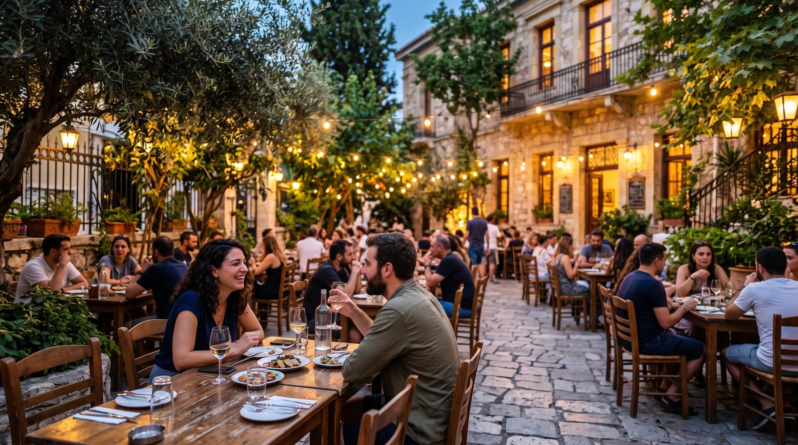 the courtyard at Ama Lachei stis Nefelis at dusk, tables spread through the former school yard beneath trees and warm lights