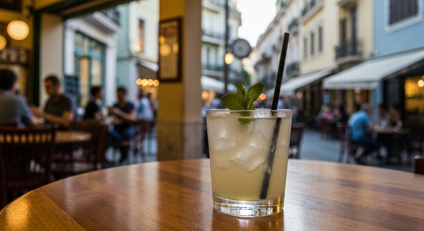 a pisco sour at Alexandrino, served in a retro bistrot-bar interior just off Exarcheia Square with low evening light
