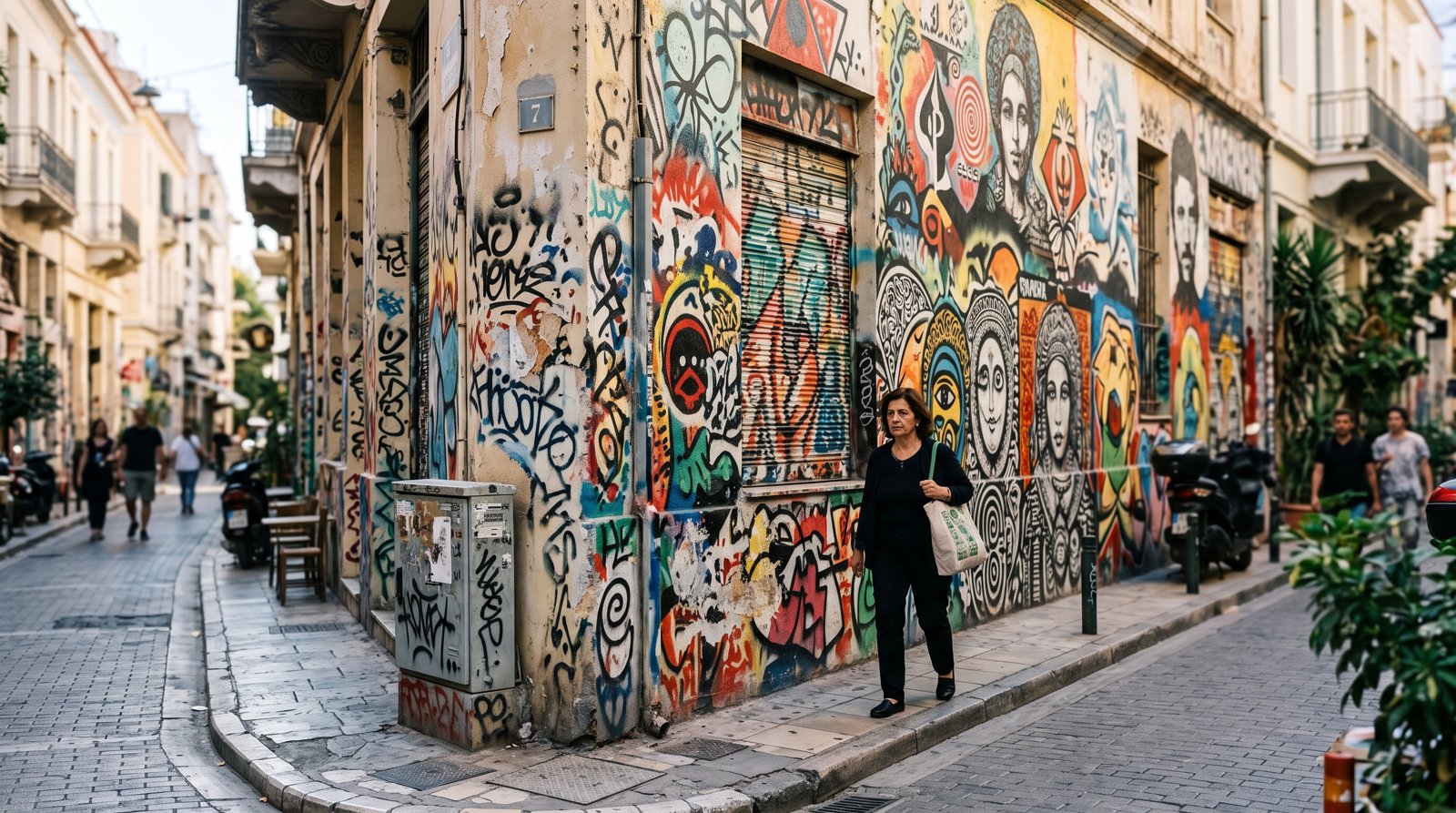 a mural-covered corner on Themistokleous Street in Exarcheia, layered graffiti and political art spanning a narrow sunlit façade