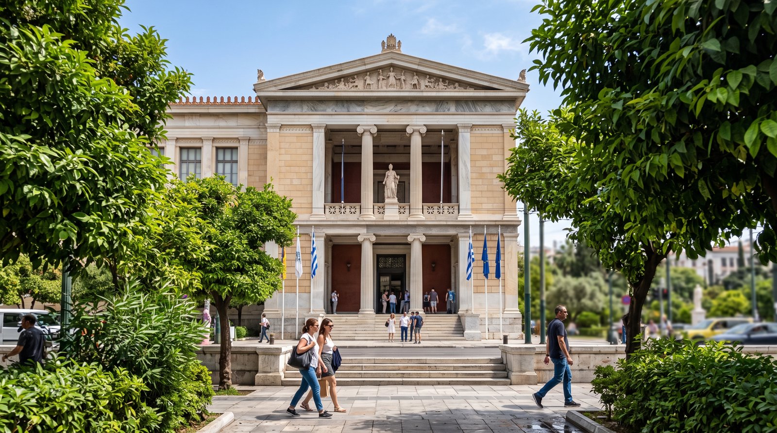 the grand façade of the National Archaeological Museum on Patission Street, framed by trees in bright midday Athens light