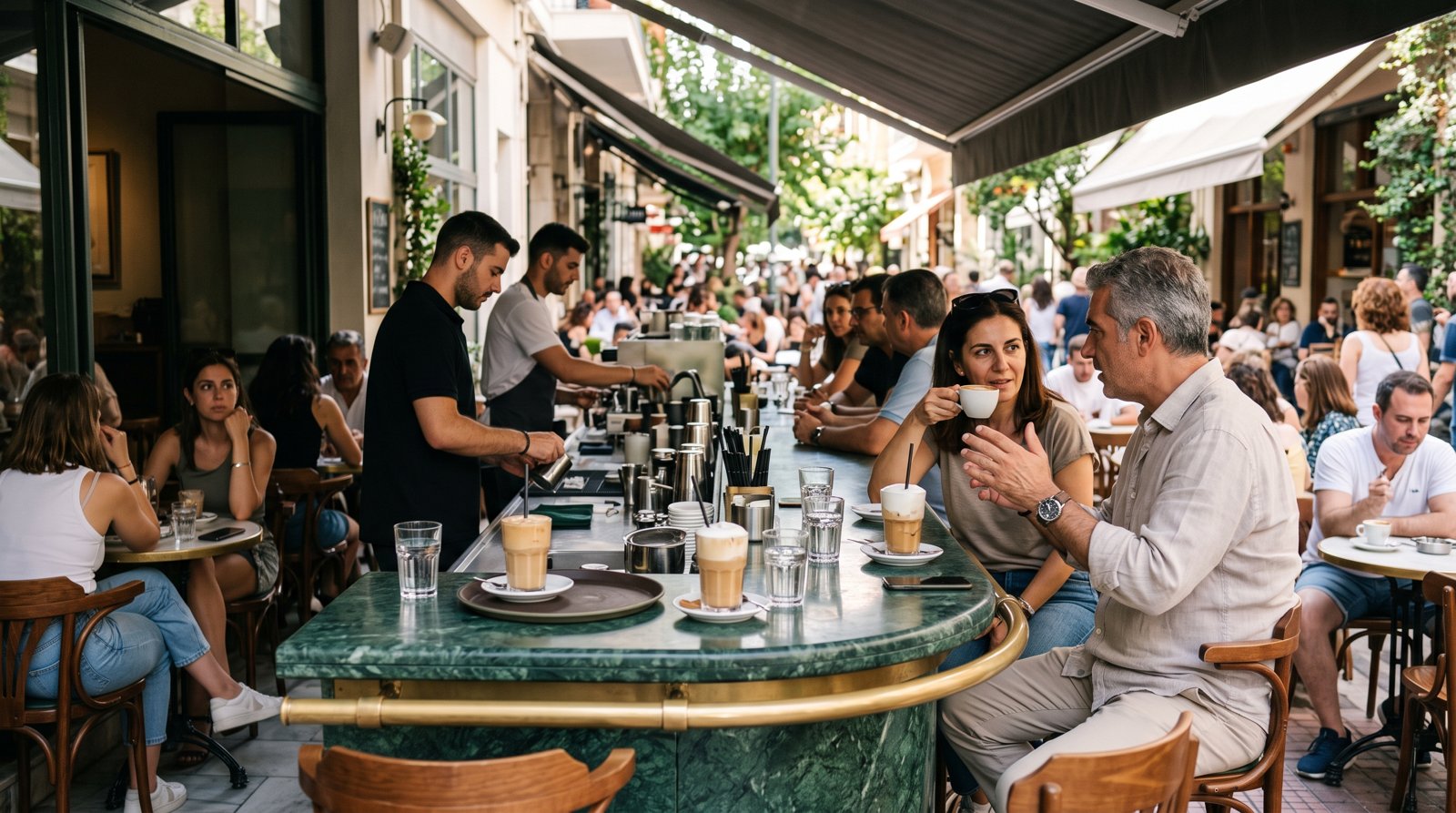 Da Capo on Tsakalof in Kolonaki, green-marble café counter, freddo cappuccino cups and a busy terrace of people-watching regulars