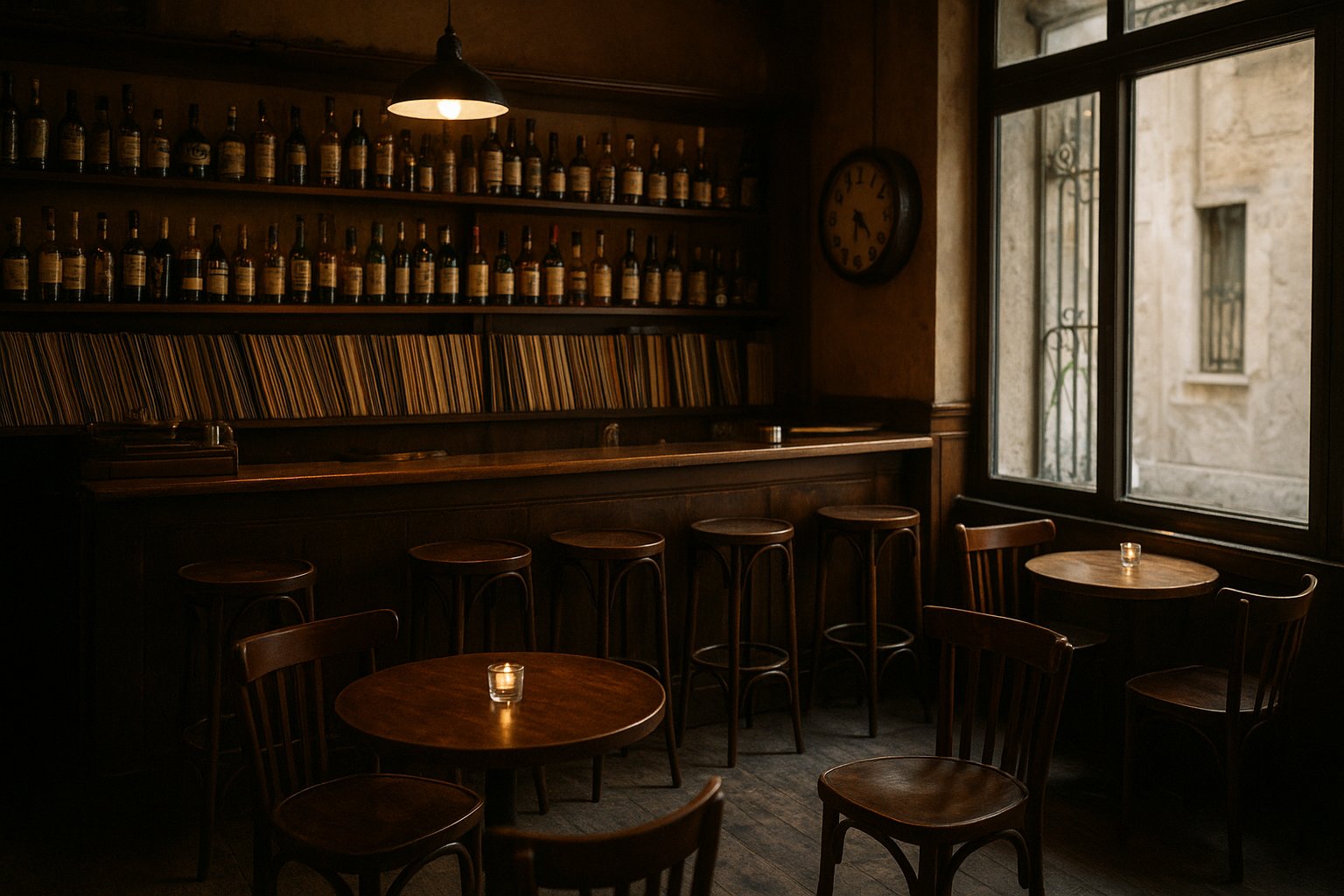 the low-lit interior of Jazz n Jazz on Deinokratous, vinyl records, whisky bottles and intimate tables in a vintage cocktail-bar atmosphere