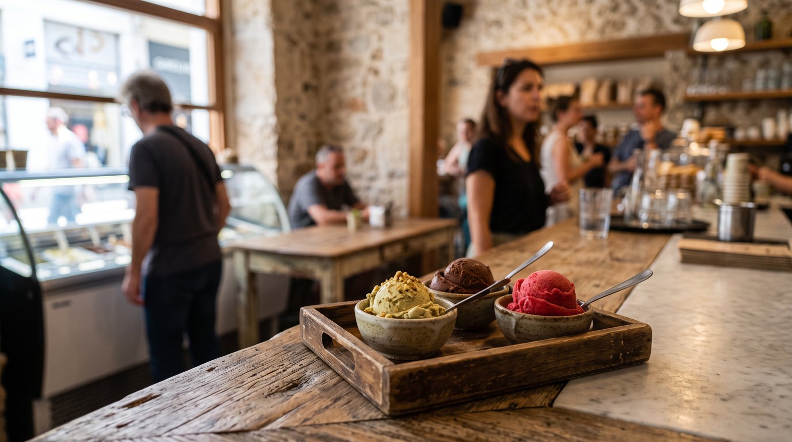 a small tray of fresh gelato at Django Gelato on Veikou 15, scoops made on site and served in daylight