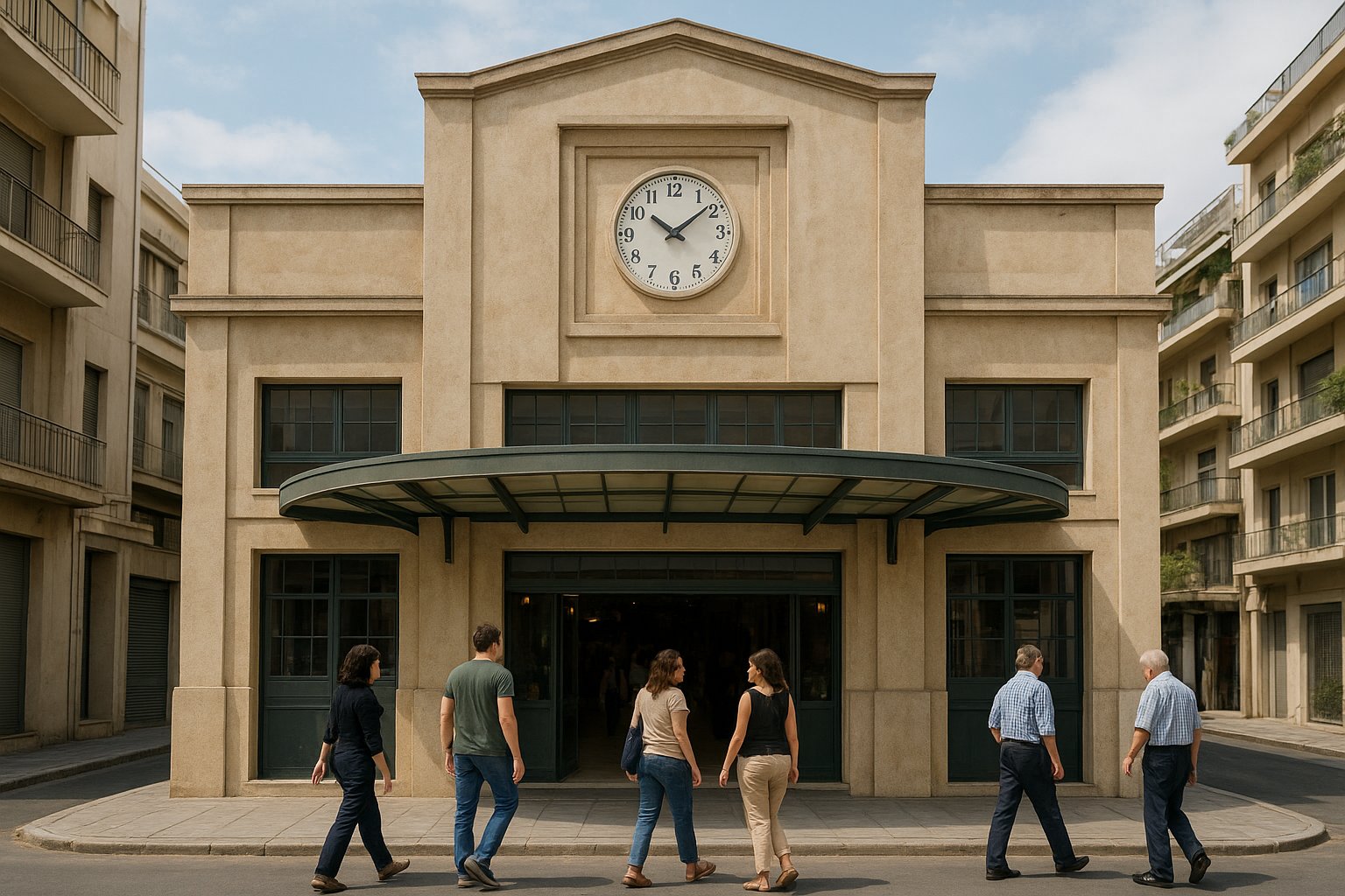 the restored 1935 Kypseli Municipal Market at 42 Fokionos Negri, modernist facade in daylight with pedestrians entering beneath the canopy