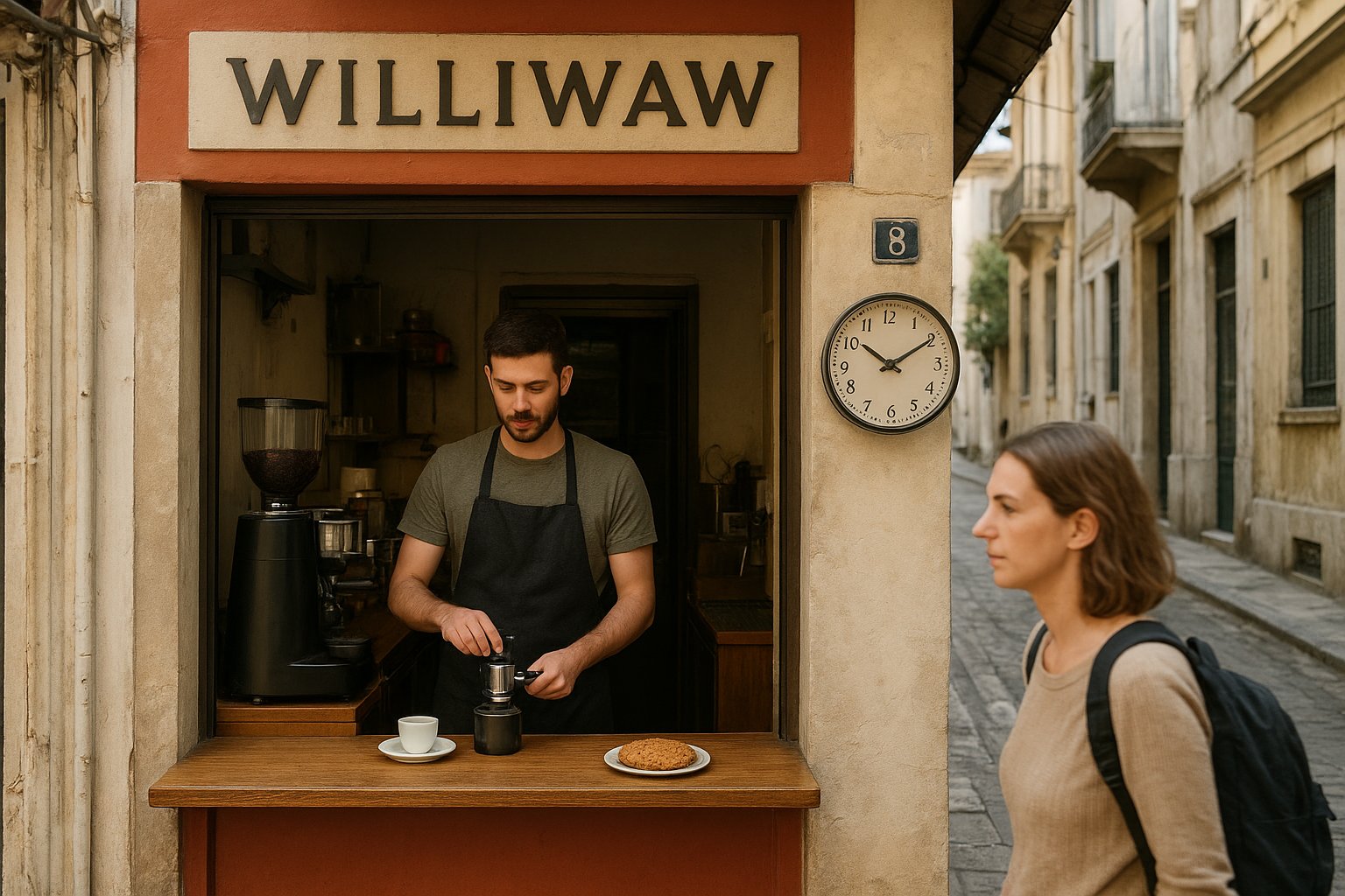 the tiny Williwaw coffee shop on Kerkyras, compact counter, specialty espresso setup and a soft-baked oatmeal cookie on the bar