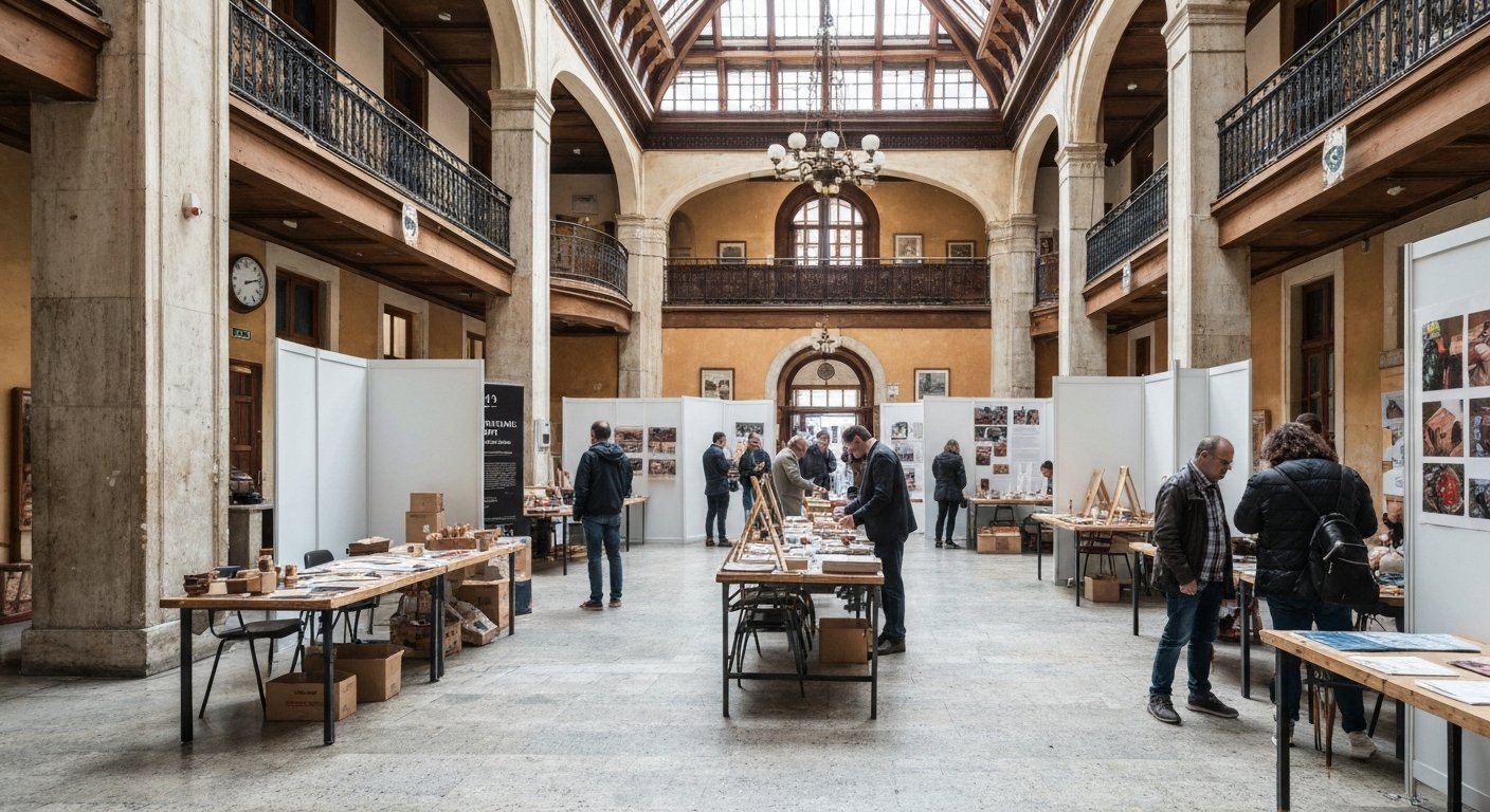 the interior of the Kypseli Municipal Market, restored modernist hall with workshop tables, exhibition panels and people browsing